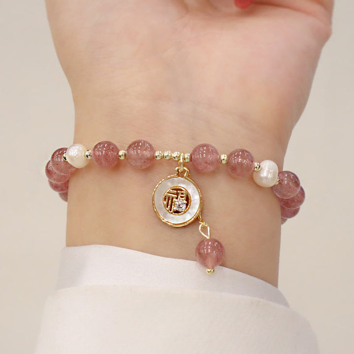 Buddha Stones Strawberry Quartz Pearl Elk Smiley Face Fishtail Fu Character Charm Healing Bracelet