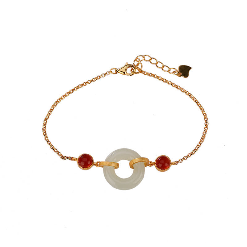 Buddha Stones 925 Sterling Silver Plated Gold Natural Hetian Jade Peace Buckle Red Agate Luck Bracelet