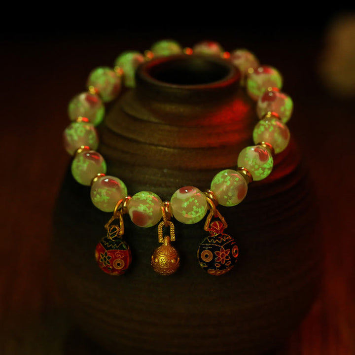 Buddha Stones Gold Swallowing Beast Family Charm Luminous Pink Love Heart Fluorescent Liuli Glass Bead Blessings Bracelet