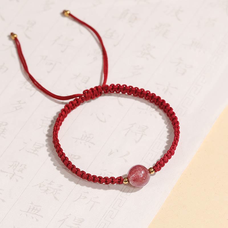 Buddha Stones Natural Strawberry Quartz Crystal Love Red String Weave Bracelet Anklet