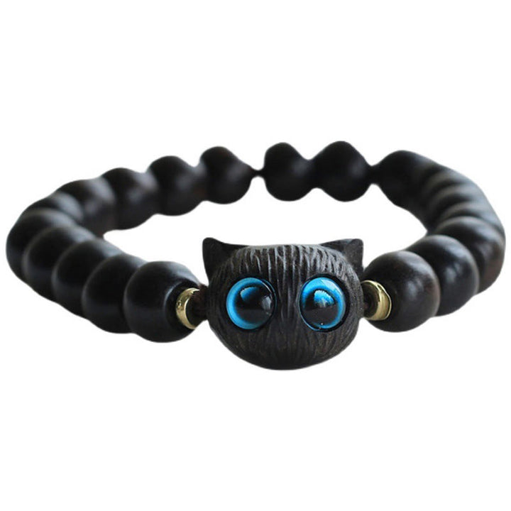 Buddha Stones Ebony Wood Green Sandalwood Cute Cat Peace Bracelet