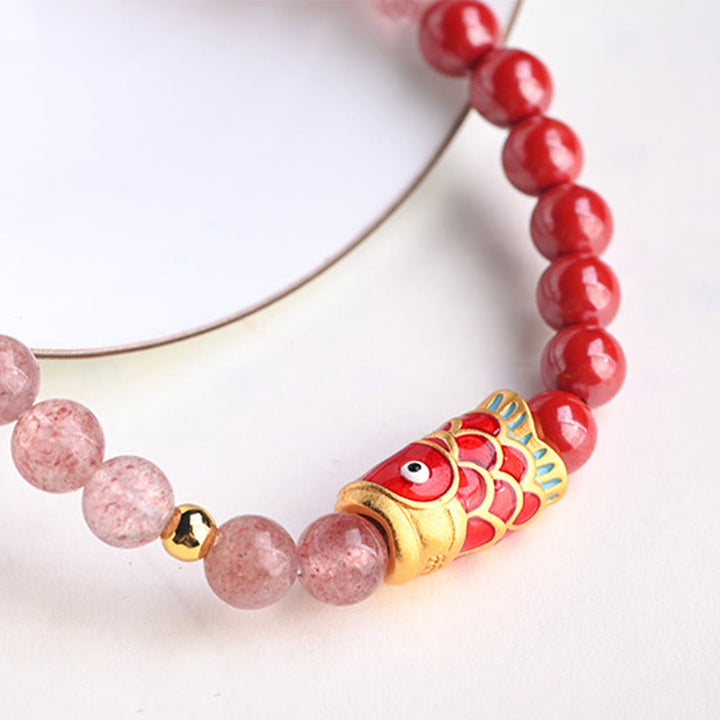 Buddha Stones Natural Strawberry Quartz Cinnabar Lucky Koi Fish Healing Bracelet