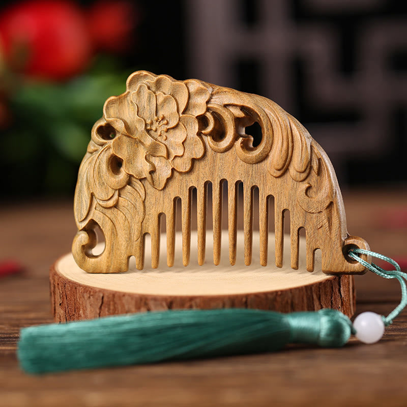 Green Sandalwood Fox Peony Flower Lotus Engraved Cure Tassel Comb