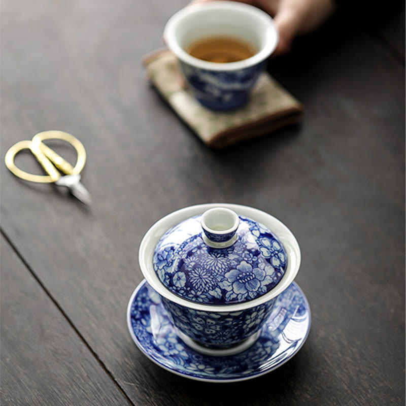 Buddha Stones Vintage Blue And White Porcelain Ceramic Gaiwan Sancai Teacup Kung Fu Tea Cup And Saucer With Lid