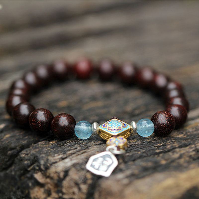 Buddha Stones 925 Sterling Silver Indian Small Leaf Red Sandalwood Aquamarine Full of Gold Star Chinese Knotting Blessing Bracelet