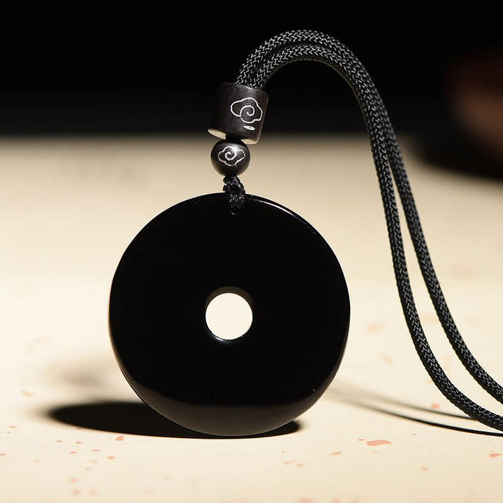 Buddha Stones Chinese Zodiac Natural Black Obsidian Peace Buckle Strength Necklace Pendant