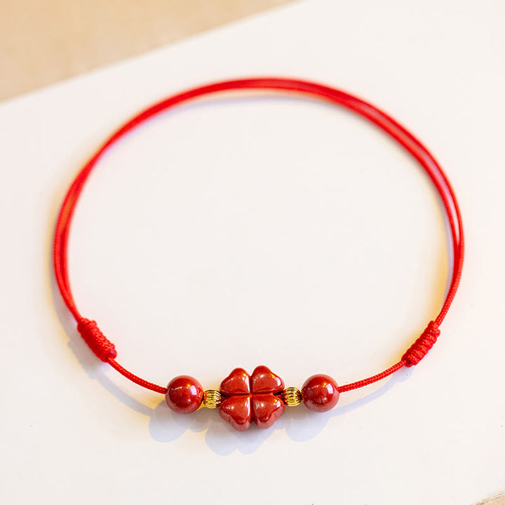 Buddha Stones Four Leaf Clover Cinnabar Blessing Calm String Bracelet Anklet