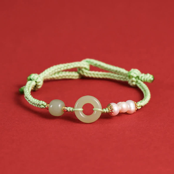 Buddha Stones Natural Hetian Jade Pearl Peace Buckle Luck Bracelet