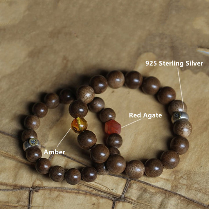 Buddha Stones Chinese Zodiac Natal Buddha Kalimantan Agarwood Red Agate Amber 925 Sterling Silver Bracelet