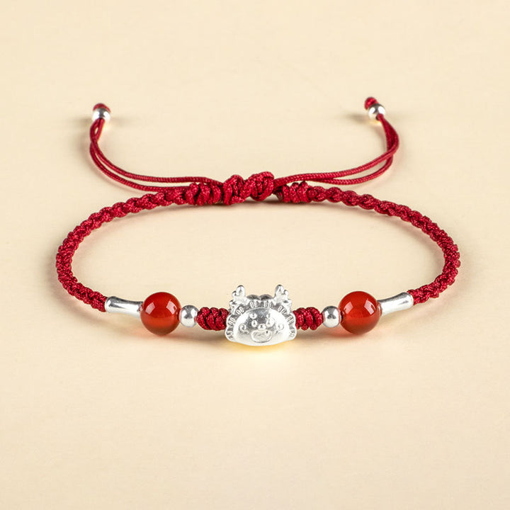 Buddha Stones 999 Sterling Silver Year of the Dragon Fu Character Dumpling Red Agate Luck Handcrafted Bracelet