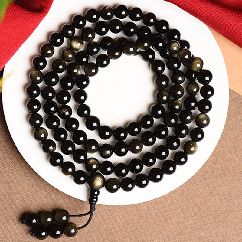 Buddha Stones 108 Mala Beads Natural Gold Sheen Obsidian Wealth Bracelet