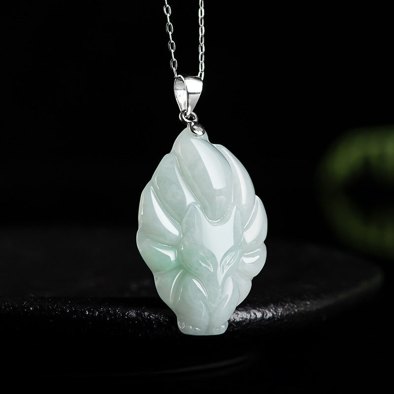 Buddha Stones 925 Sterling Silver Natural Jade Nine Tailed Fox Prosperity Necklace Pendant