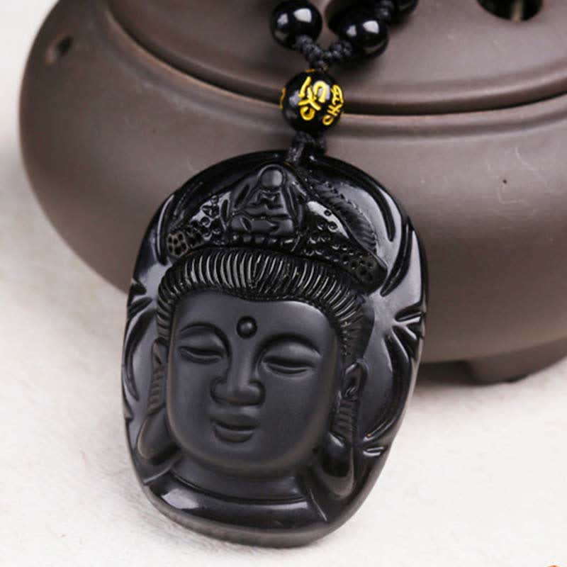 Buddha Stones Natural Black Obsidian Kwan Yin Avalokitesvara Strength String Necklace Pendant