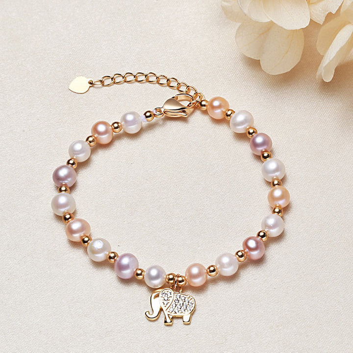 Buddha Stones 18K Gold Plated Pearl Elephant Zircon Charm Sincerity Bracelet