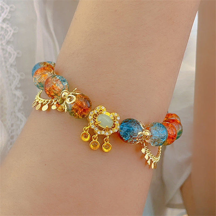 Buddha Stones Colorful Liuli Glass Bead Chinese Lock Charm Fortune Bracelet