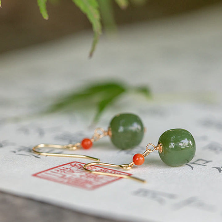 Buddha Stones 925 Sterling Silver 14K Gold Plated Hetian Jade Red Agate Luck Drop Dangle Earrings