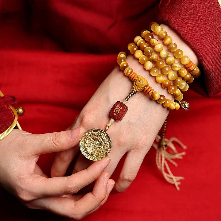 Buddha Stones 108 Mala Beads Natural Tiger Eye Copper Dorje Protection Tassel Bracelet