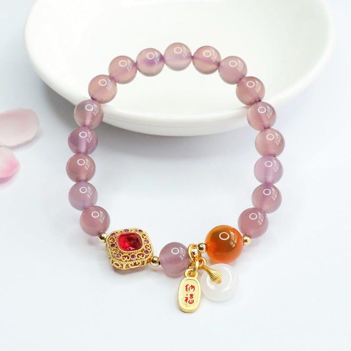 Buddha Stones Natural Purple Chalcedony Candy Agate Peace Buckle Harmony Lucky Fortune Charm Bracelet