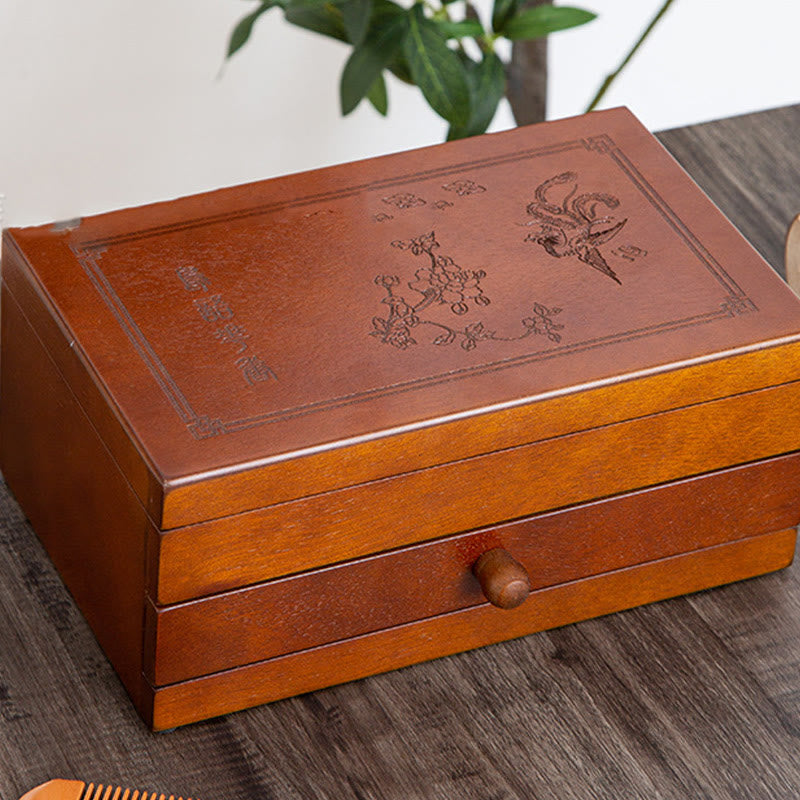 Buddha Stones Vintage Solid Wood Jewelry Box Flower Carved Jewelry Storage Box With Mirror