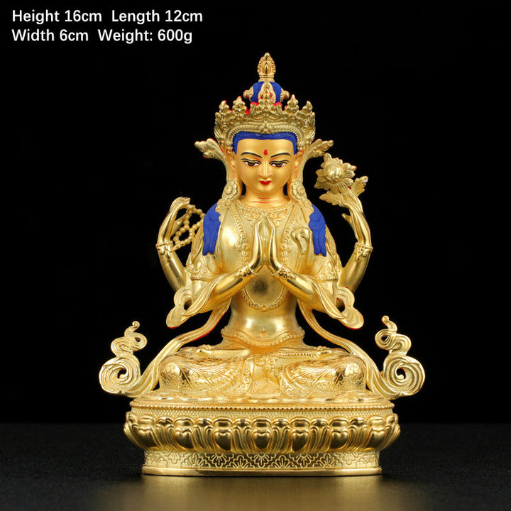 Chenrezig Four-armed Avalokitesvara Protection Copper Gold Plated Statue Decoration