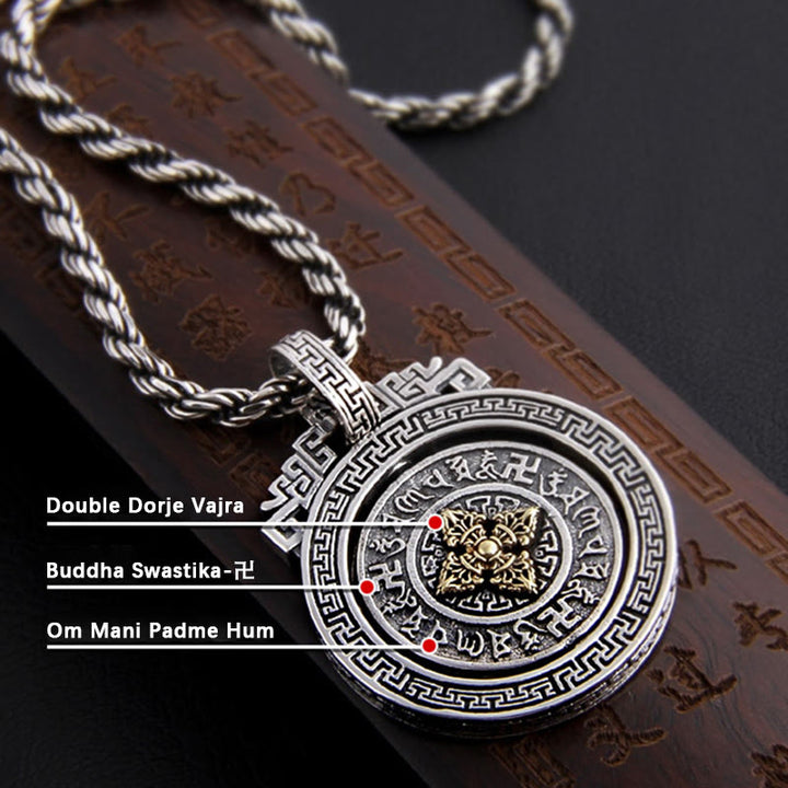 Buddha Stones Tibetan Om Mani Padme Hum Double Dorje Vajra Rotatable Purity Peace Necklace Pendant