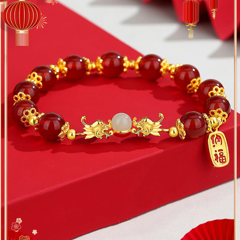 Buddha Stones 925 Sterling Silver Year of the Dragon Natural Red Agate Hetian Jade Fu Character Charm Strength Bracelet