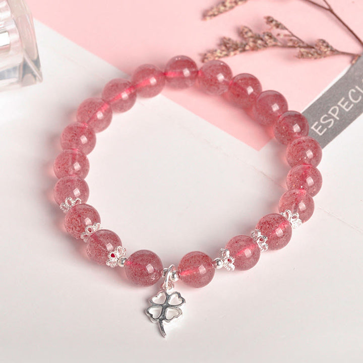 Buddha Stones 925 Sterling Silver Strawberry Quartz Four Leaf Clover Love Bracelet