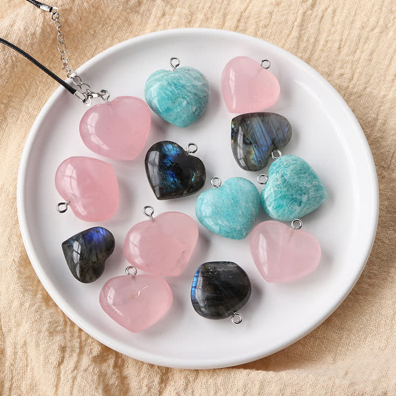 Buddha Stones Labradorite Amazonite Pink Crystal Love Heart Support Necklace Pendant