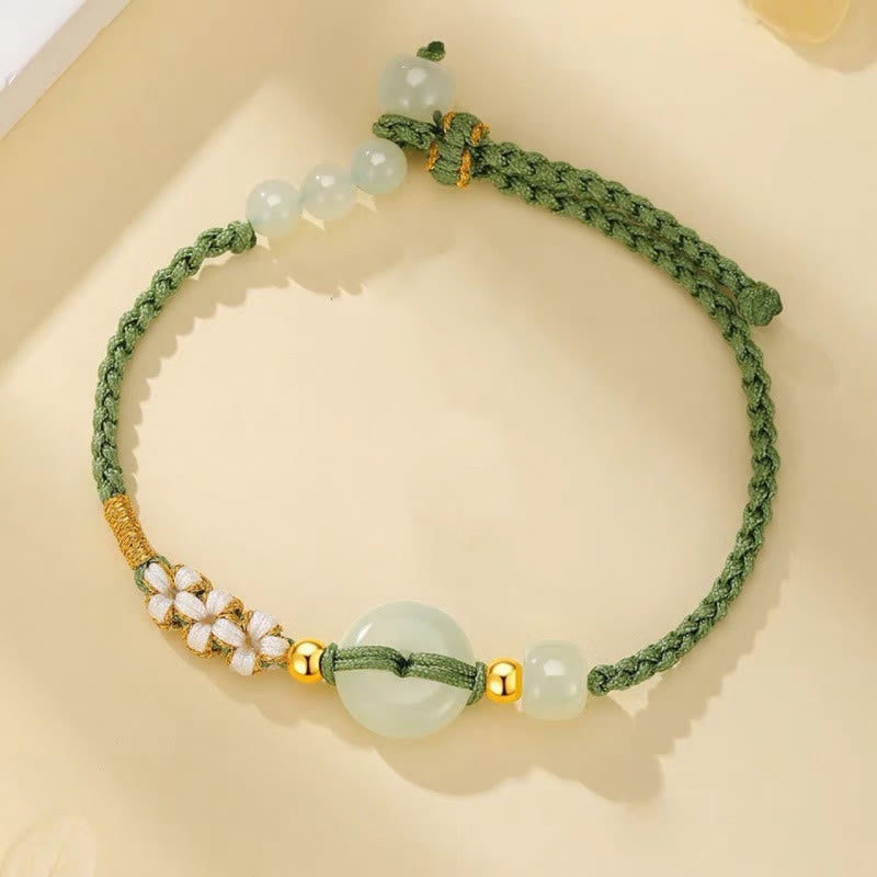 Buddha Stones Hetian Jade Peace Buckle Luck Peach Blossom Braided Bracelet