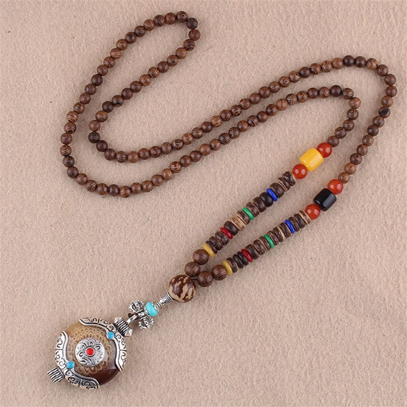 Buddha Stones Tibetan Wenge Wood Bodhi Seed Agate Elephant Protection Necklace Pendant