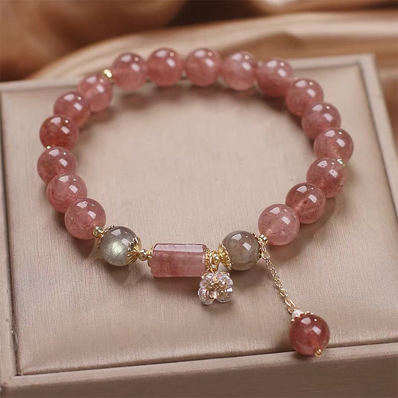 Buddha Stones Natural Strawberry Quartz Zircon Flower Positive Charm Bracelet