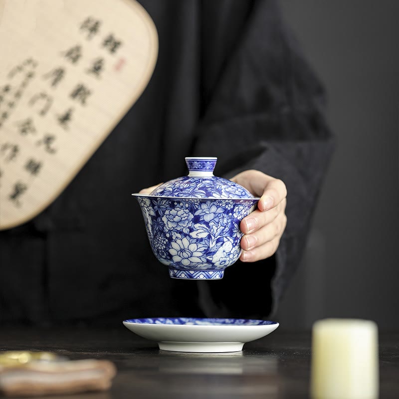 Buddha Stones Vintage Blue And White Porcelain Ceramic Gaiwan Sancai Teacup Kung Fu Tea Cup And Saucer With Lid