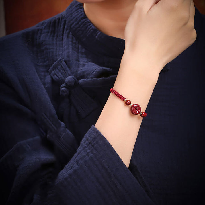 Buddha Stones Natural Cinnabar Peace Buckle Blessing String Bracelet