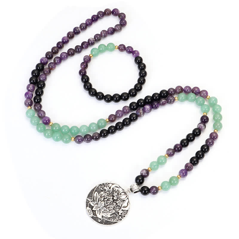 Buddha Stones 108 Mala Beads Amethyst Green Aventurine Lotus Meditation Bracelet