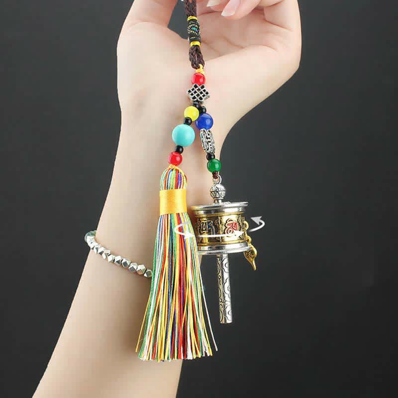 Tibet Om Mani Padme Hum Prayer Wheel Tassel Bag Car Hanging Decoration