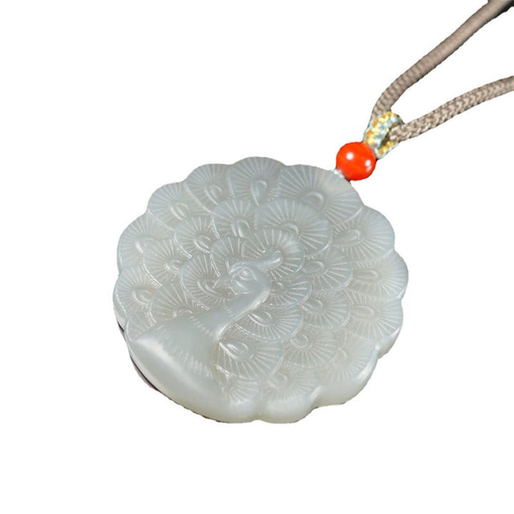 White Jade Peacock Protection Blessing Necklace Pendant