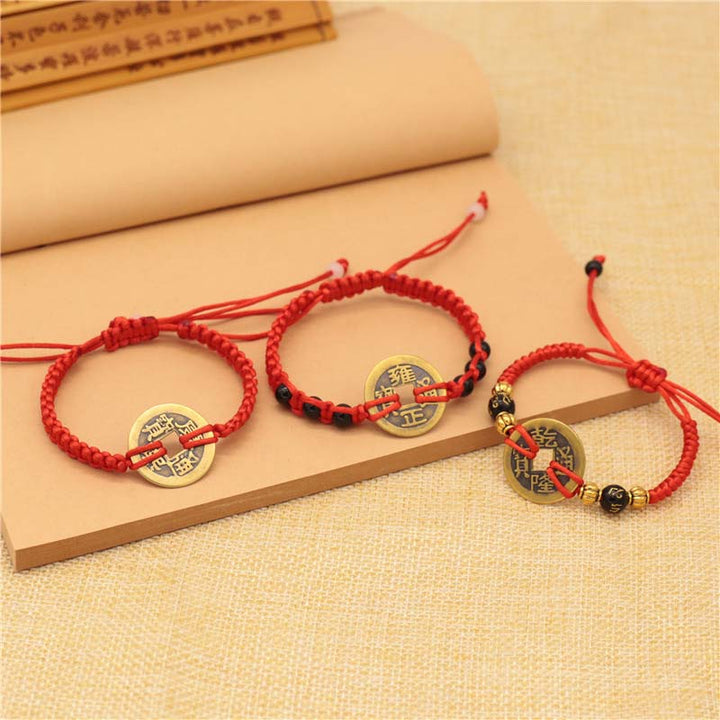 Buddha Stones Copper Coin Fortune Red String Weave Bracelet