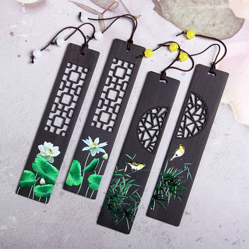 Buddha Stones Green Lotus Bamboo Oriole Ebony Wood Bookmarks With Gift Box