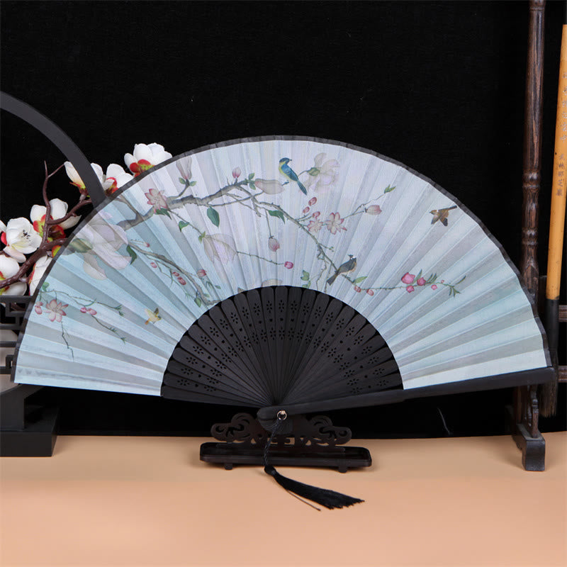 Buddha Stones Classic Birds Singing Flowers Handheld Bamboo Folding Fan