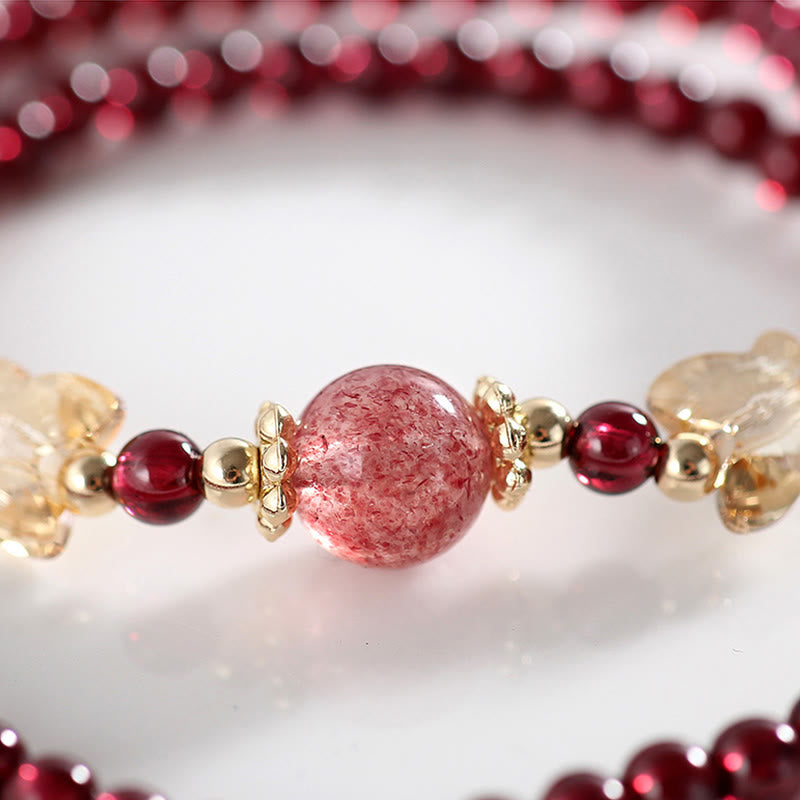 Buddha Stones 14K Gold Plated Natural Garnet Strawberry Quartz Butterfly Protection Double Wrap Bracelet