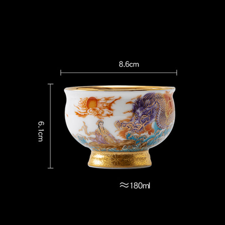 Buddha Stones Golden Eagle Auspicious Dragon Sun Ocean Waves Gilt Ceramic Teacup Kung Fu Tea Cup