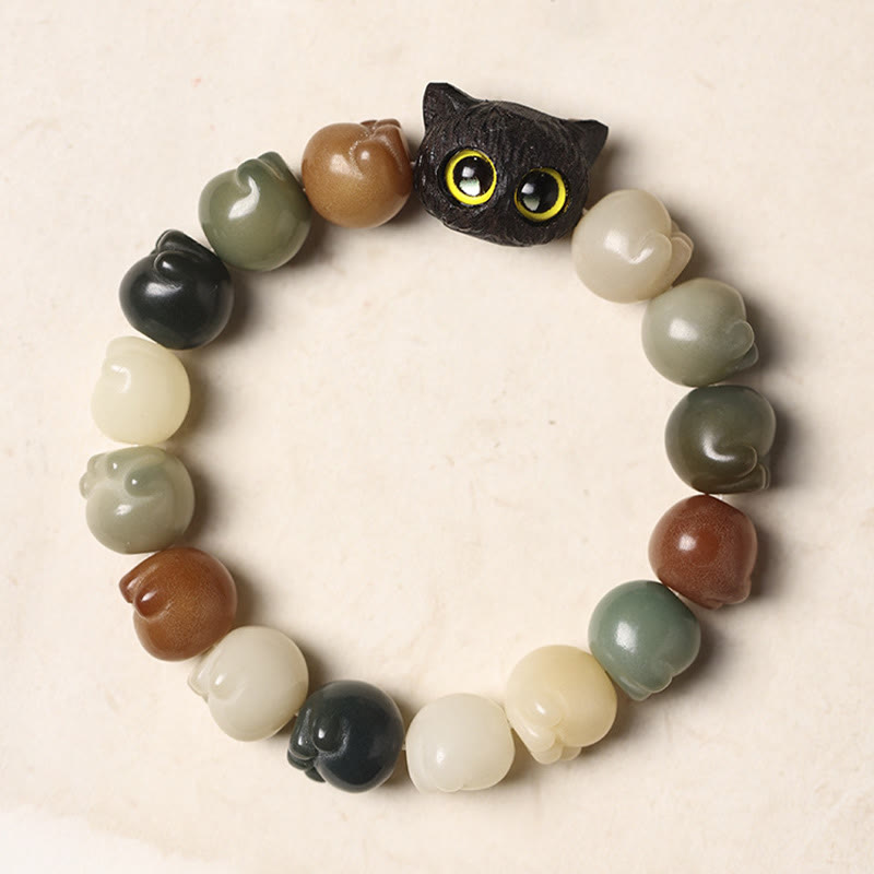 Buddha Stones Natural Bodhi Seed Lovely Paw Ebony Wood Lucky Cat Wisdom Bracelet