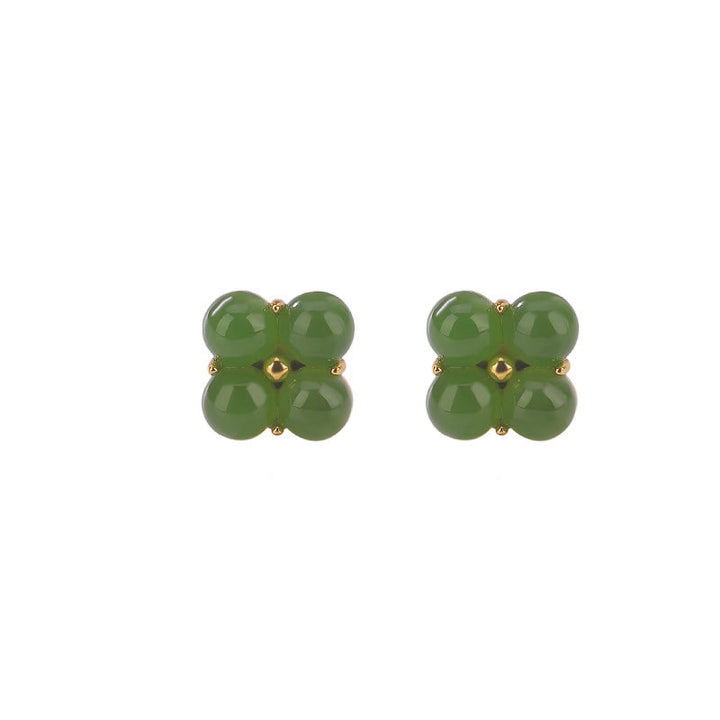 Buddha Stones 925 Sterling Silver Plated Gold Natural Cyan Jade Four Leaf Clover Luck Stud Earrings