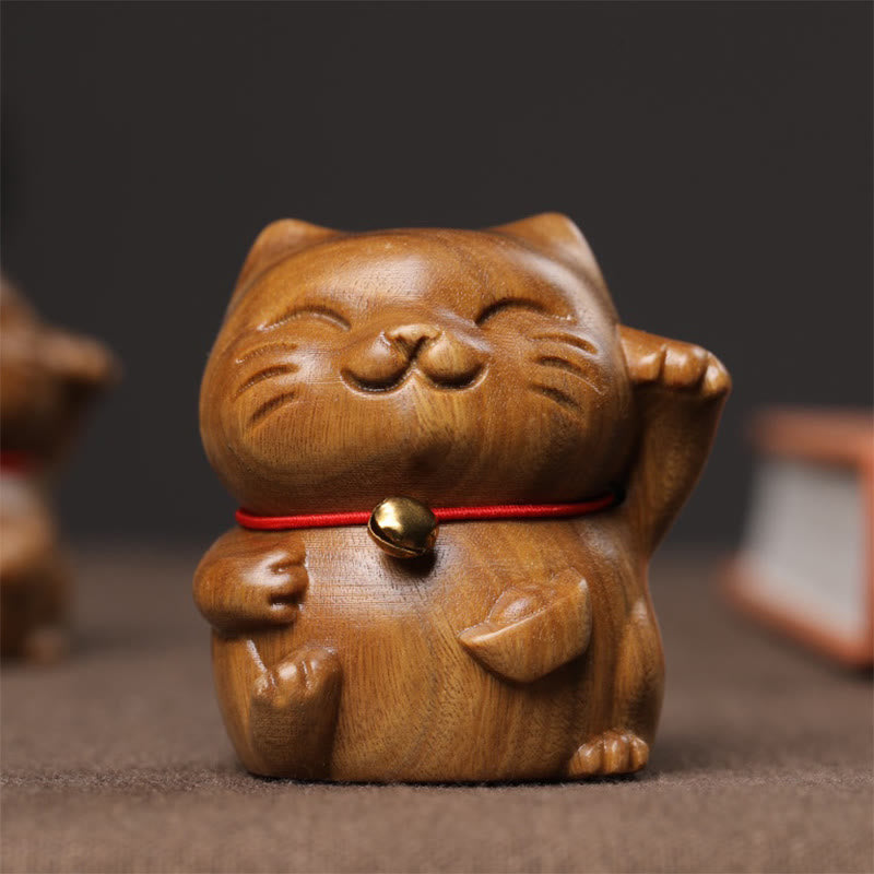 Buddha Stones Green Sandalwood Small Mini Cute Lucky Cat Peace Decorations