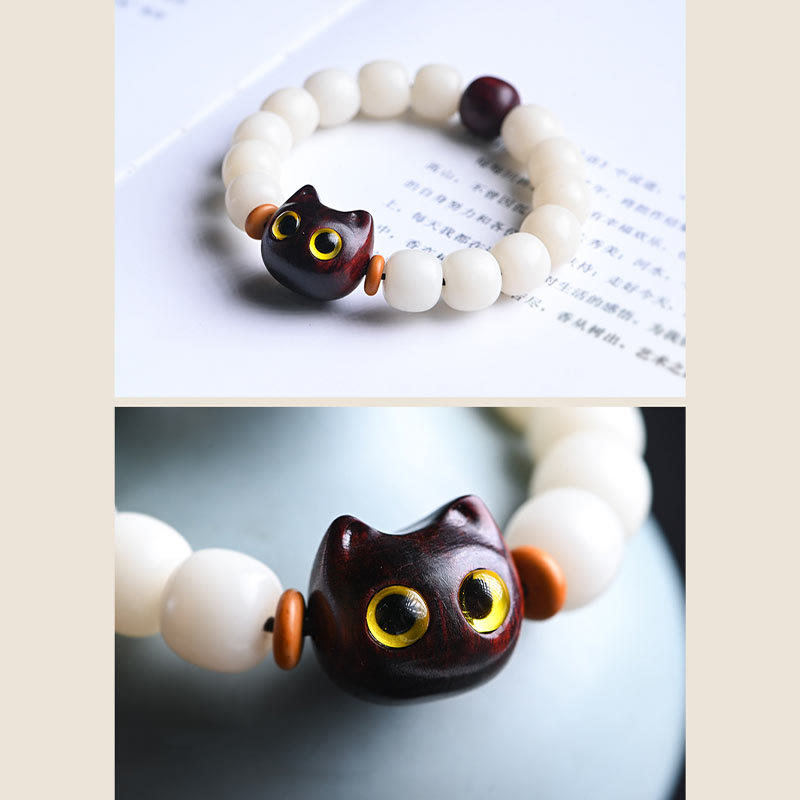 Buddha Stones Natural Bodhi Seed Small Leaf Red Sandalwood Ebony Wood Cute Lucky Cat Wisdom Bracelet