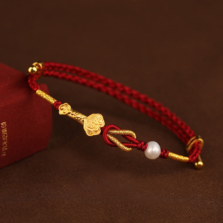 Buddha Stones 24K Gold Wish Ruyi Handle Fu Character Rabbit Pearl Luck Braided Bracelet