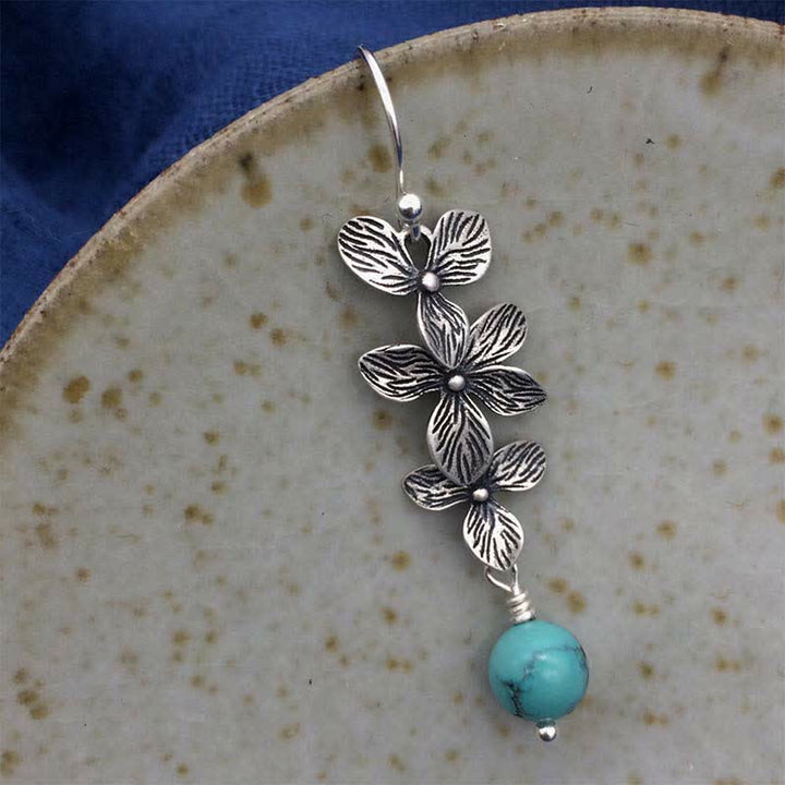 925 Sterling Silver Turquoise Lazurite Flower Leaf Serenity Protection Hook Drop Dangle Earrings