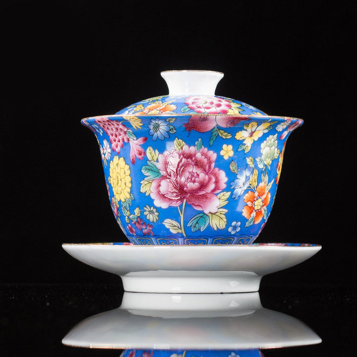 Buddha Stones Peony Flowers Ceramic Gaiwan Sancai Teacup Kung Fu Tea Cup And Saucer With Lid