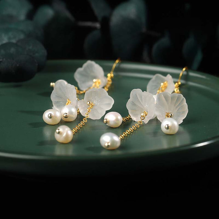 Buddha Stones Pearl Flower Petals Luck Drop Earrings