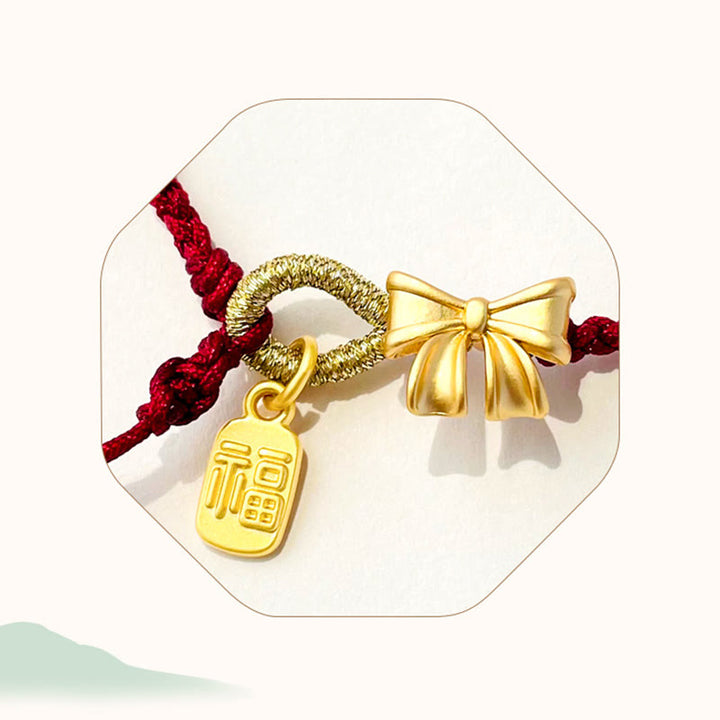 Buddha Stones Handmade Peach Blossom Rosette Bow Knot Fu Character Charm Luck Fortune Red Rope Bracelet